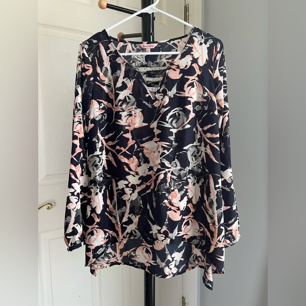 Juicy Couture - Blue Floral Rhinestone Long Sleeve Blouse Y2K